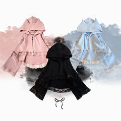 Jirai Kei Short Kitty-Ear Cape with Lace Trim Detail | Black / Pink / Blue