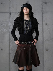 Black Gothic Punk Juliette Sleeve Top with Chain Print & Flutter Overlays