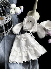 White Rosette and Bowknot Embroidery Dress + Bunny Ears Hat