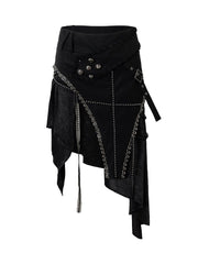 Black Gothic Punk PU Skirt with Handkerchief Hem & Metal Embellishments