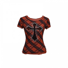 Y2K Red Plaid Pattern Rhinestone Embellished Cross Punk Glamorous Mesh T-Shirt