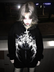 Black/White Lightweight Gothic Striped-Lined Hoodie with Dark Fantasy Print