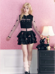 Stars Pattern Black and Pink Zip Closure Hooded Cardigan