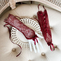 Red/Pink Gothic Lace Wrist Cuffs with Bow Accents