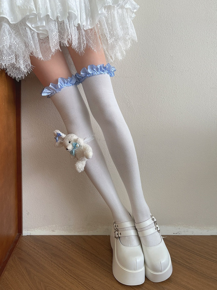 White Overknee Stockings with Blue and White Plaided Ruffle Trim/Plush Rabbit Leg Loop