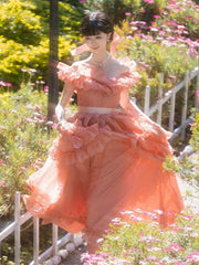 Wine Red/Pink Vintage Lace Ruffle Trim Off-the-shoulder Neckline  Dress