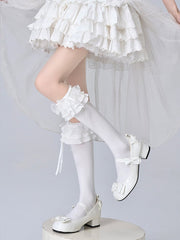 White Multi-layer Ruffled Bow Decorated Lolita Calf Socks