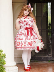 Plus Size Red Strawberry and Bow Print Lolita Gingham Dress