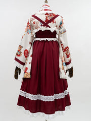 Beige Bear Print Crossover Design Top + Red Lace Trimmed JSK Dress Wa Lolita Set