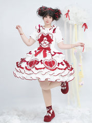 Sweet Heart-Shaped Appliqué and Bow-Embellished White and Red Lolita Dress - Curve-Friendly Fit