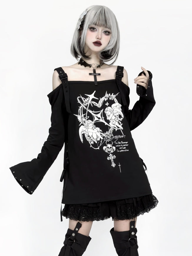 Off-Shoulder Angel Print Black Top with Studded Sleeves, Adjustable Buckle Straps & Free Choker