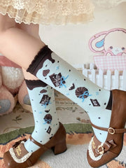 Creamy White/Mint Green Chocolate  Polka-dot Pattern Lolita Calf Socks