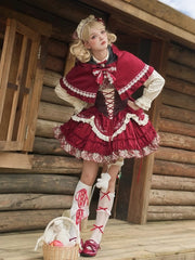 Wine Red Twill Hooded Cape with Lace Accents