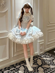 Blue & White Lace-Trimmed Sweet Lolita Dress with Heart Motifs and Bows