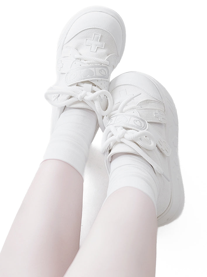 White Yami Kawaii Cross Applique Crisscross Velcro Strap Closures  Platform  Sneakers