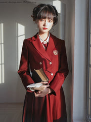 Red Notched Collar Embroidered Blazer with Gold-tone Buttons