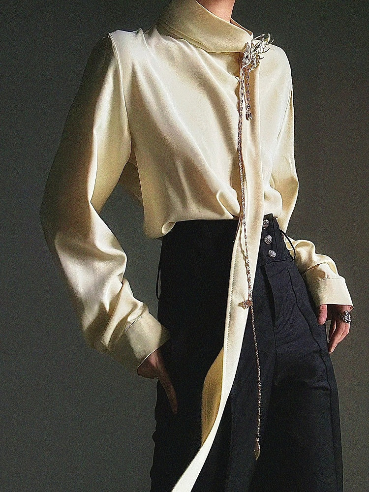 Yellow Ouji Lolita Shirt - Mock Neck Design with Flowing Ribbon Accents