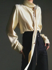 Yellow Ouji Lolita Shirt - Mock Neck Design with Flowing Ribbon Accents