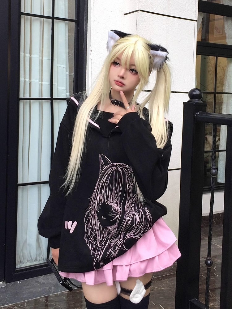 Black/Pink Sailor Collar Sweatshirt with Manga Girl Print and Ribbon Bow Back - Jirai Kei Style
