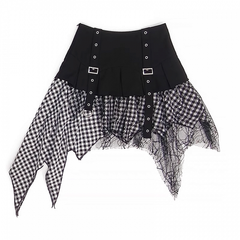 Y2K Black & Blue/ Black & White Handkerchief Hem Mesh Patchwork Plaid Skirt