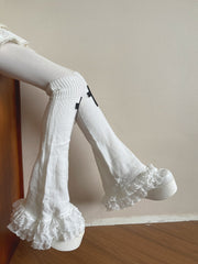 White Gothic Lace Trim Flared Knitted Leg Warmerswith Cross Decoration