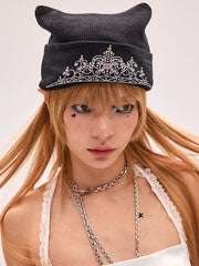 Y2K Crown Rhinestone Black Knitted Beanie