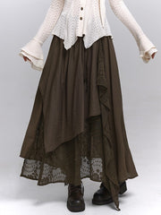 Millard Dark Coffee Wasteland Punk Elastic Waist Maxi Skirt with Floral Embroidery & Asymmetric Hem