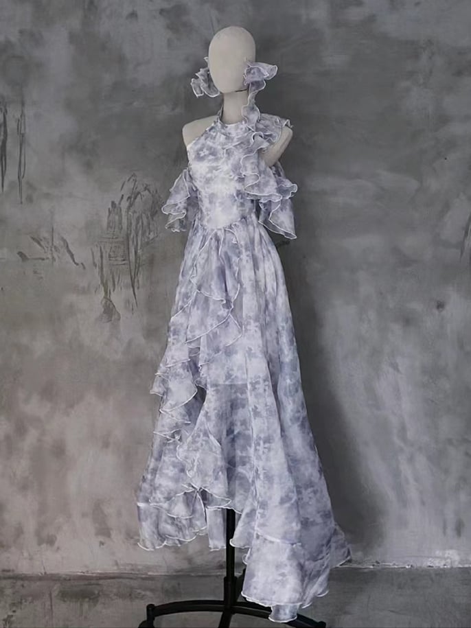 Purple Open Shoulder Fairycore Cascading Ruffle Chiffon Dress