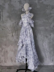 Purple Open Shoulder Fairycore Cascading Ruffle Chiffon Dress