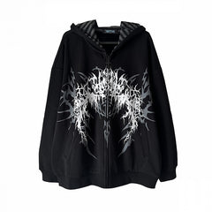 Black/White Gothic Striped-Lined Hoodie with Dark Fantasy Print in Regular/Heavyweight Version