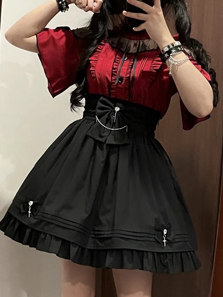 Wine Red Jirai Kei Full Set - Ruffle Neckline Lace Blouse + Cross Charm Bowknot Skirt