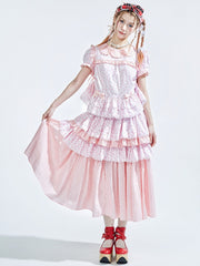 Pink Floral and Bowknot Print Skirt with Lace Trim