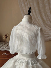 White Heart Buckle and Chain Neck Spider Web Short Sleeves Top