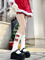 White Warm Calf Socks with Red Bow & Bell Decoration