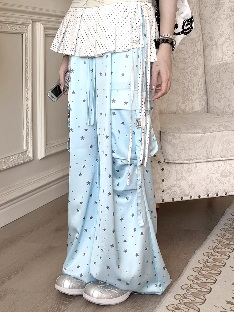 Clearance - Size L for Waist 70cm Allover Star Print Drawstring Waist  Blue Wide-leg Cargo Pants