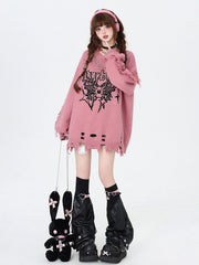 Rose Pink Gothic Distressed Holes Butterfly Sweater with Studs and Chains