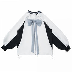 White V-Neck Regular/Back Bow Baseball-Style Sweatshirt with Front Numeric Design