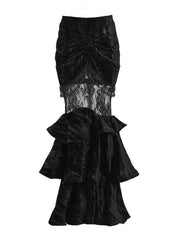 Clearance - Size L for Waist 76cm Victorian Goth Vampire Mermaid Skirt with Layered Flounce Hem and Black Pearl Tassels