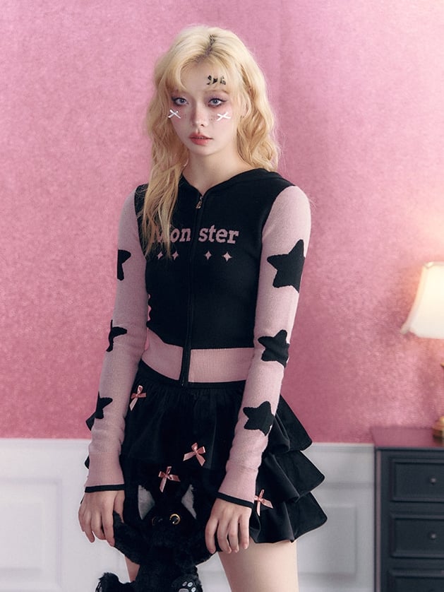 Stars Pattern Black and Pink Zip Closure Hooded Cardigan