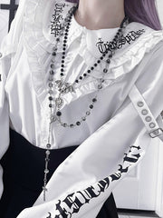 White Emo Punk Peter Pan Collar Letter Print Buckle Details Blouse