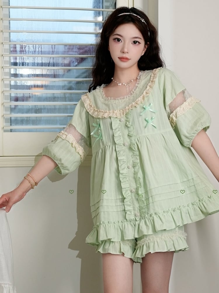 Ruffle Trim Green Sweet Cotton Pajama Set