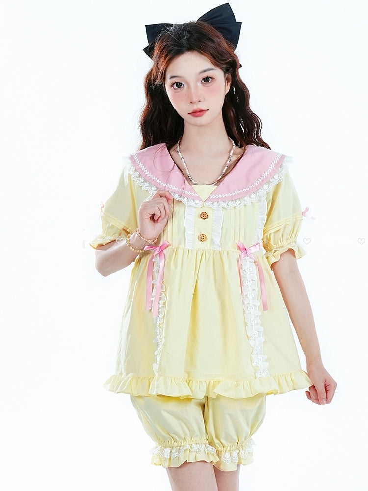 Yellow Sailor Collar Sweet Pajama Set