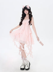 Pink Cascading Ruffle Accents Bow Detail Front Sleeveless Dress