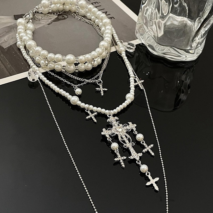 White Beaded Chain Necklace with Cross Pendant