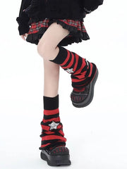 Red & Black Striped Punk Leg Warmers with Star Embellishments