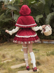 Wine Red Twill Hooded Cape with Lace Accents