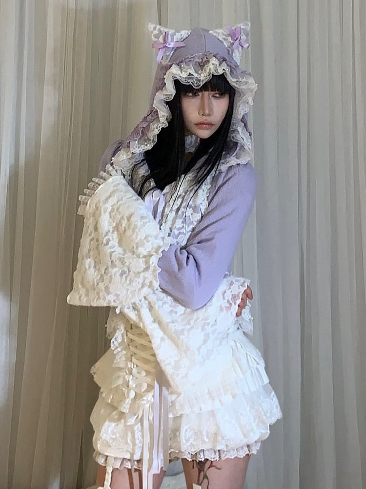 Purple Knit Crop Cardigan with Cat Ear Hood & Lace Trim