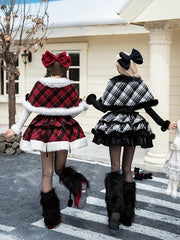 Red & Black Winter Lolita Plaid Set - JSK + Reversible Cape + Leg Warmers + Brooches