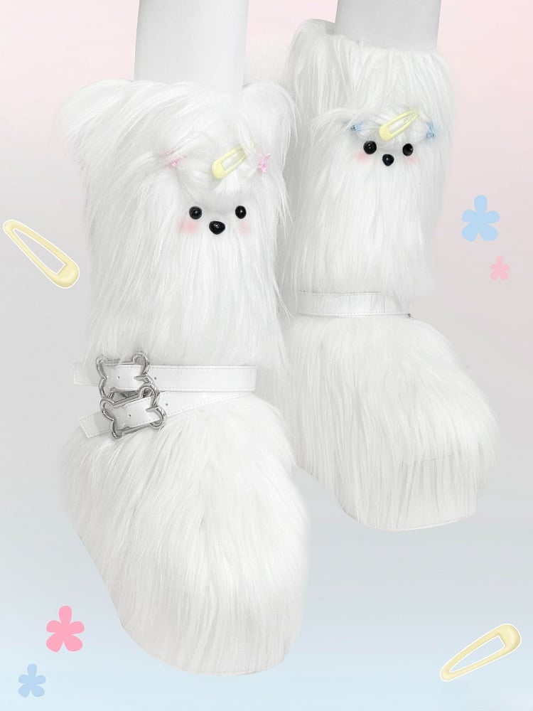 Shaggy White Maltese Puppy Y2K Platform Furry Boots