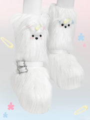 Shaggy White Maltese Puppy Y2K Platform Furry Boots